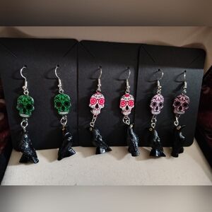 Day of the Dead Sugar Skull & Black Crow Earrings - Colorful Skull Drops